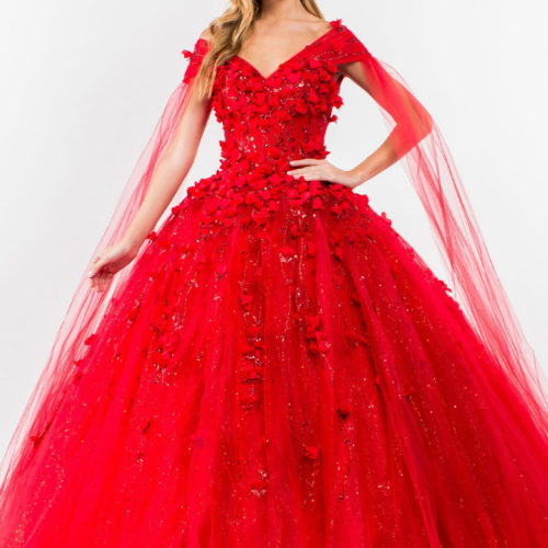 lady in red floor length embroidered beaded ball gown