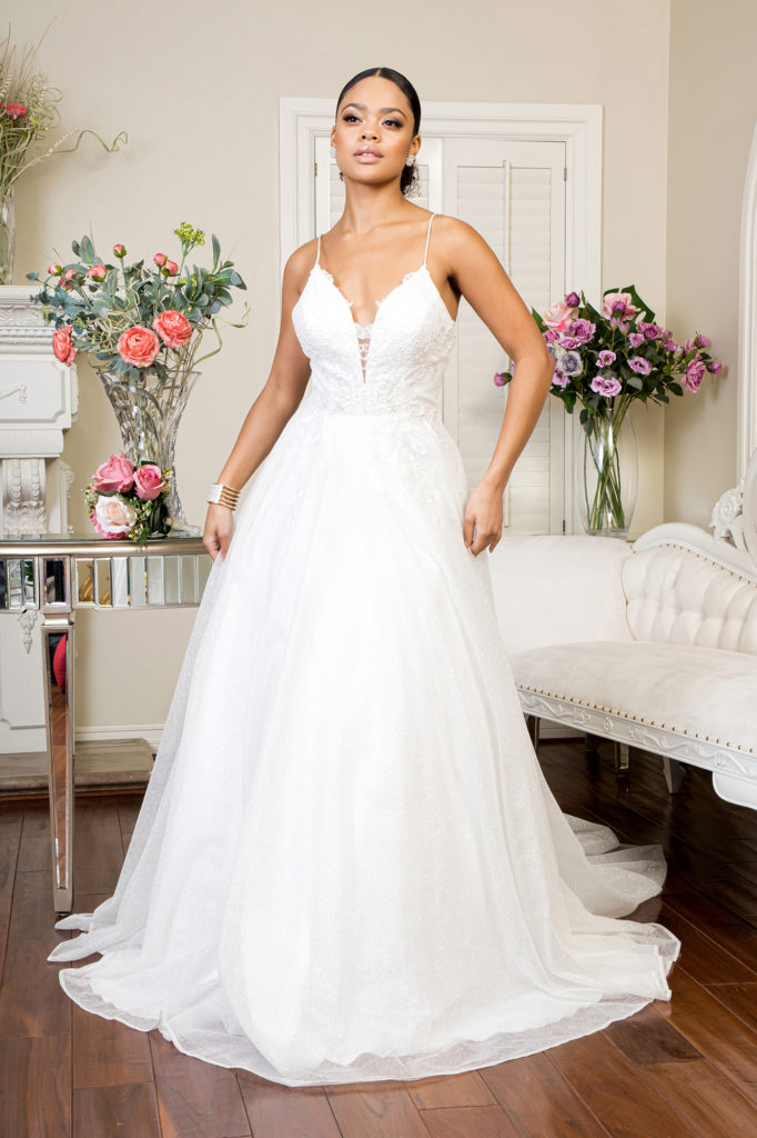 wedding dress with intricate neckline