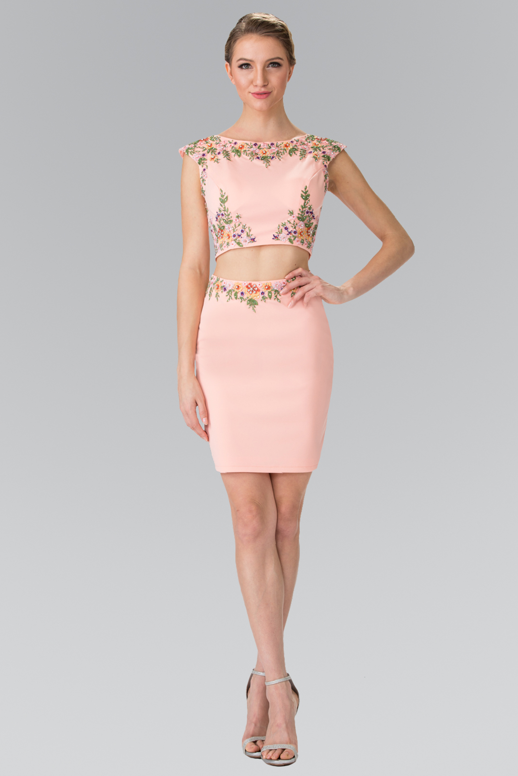 peach embroidered two pieces fitted cocktail dress