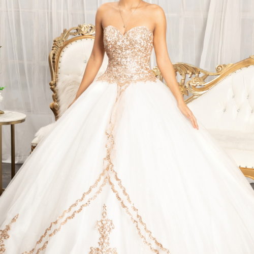 off white sequin strapless sweetheart wedding gown