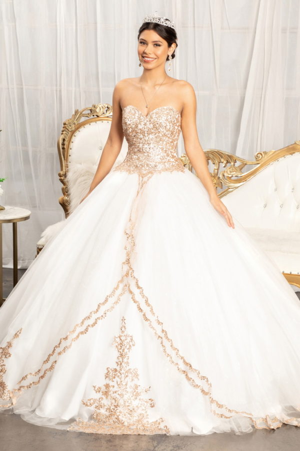 off white sequin strapless sweetheart wedding gown