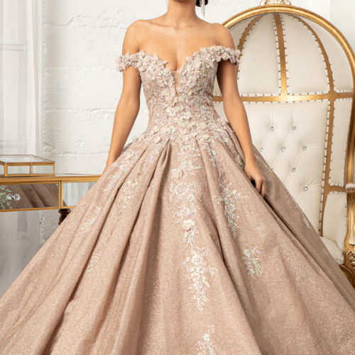 Rose Gold Sweetheart Cut Away Shoulder Jewel and Glitter Embellished Quinceanera Dress