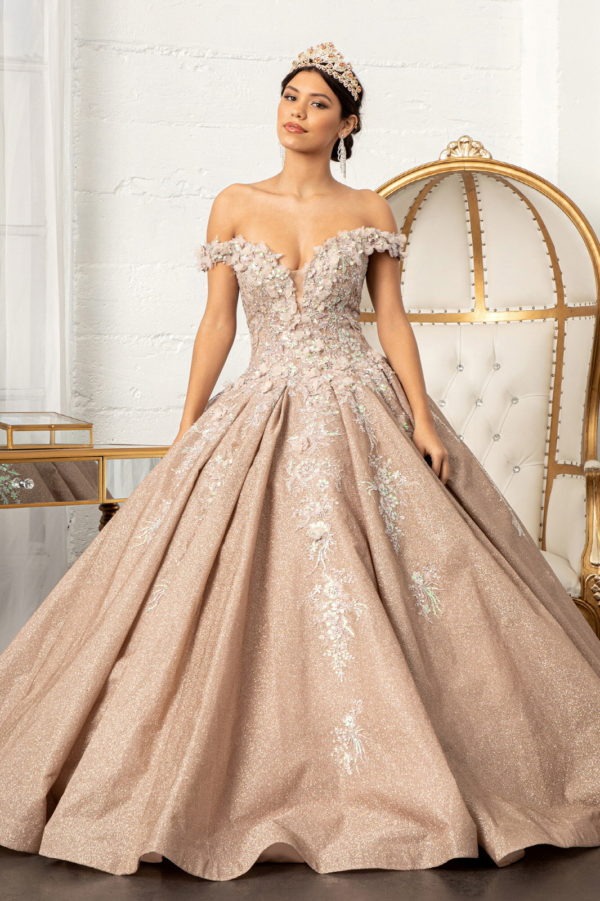 Rose Gold Sweetheart Cut Away Shoulder Jewel and Glitter Embellished Quinceanera Dress