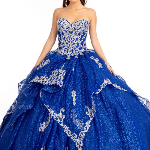 royal blue sweetheart strapless ruffled skirt mesh quinceanera ball gown