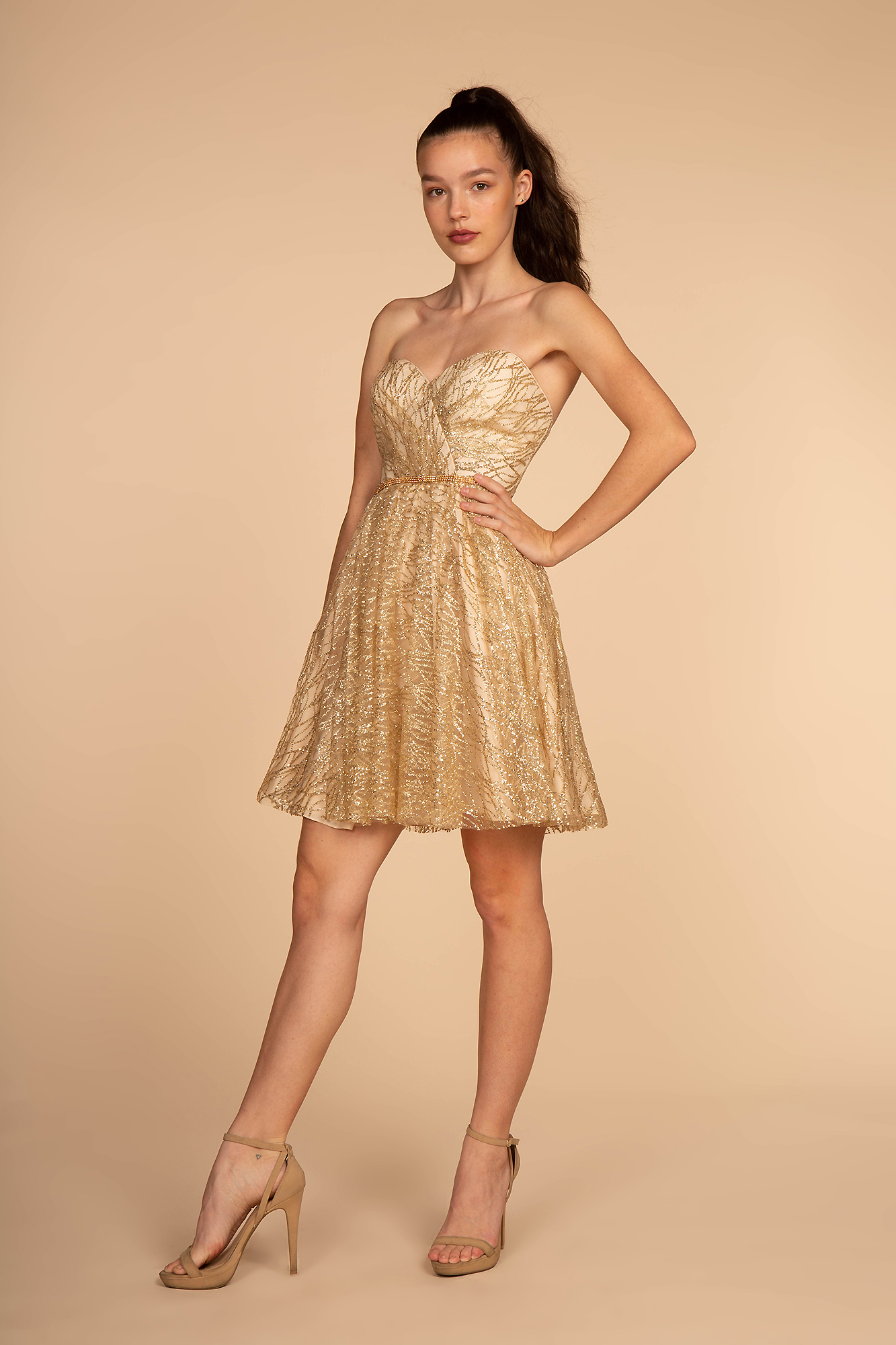 Glitter-Print Tulle Short Dress w/ Jewel Waist Line