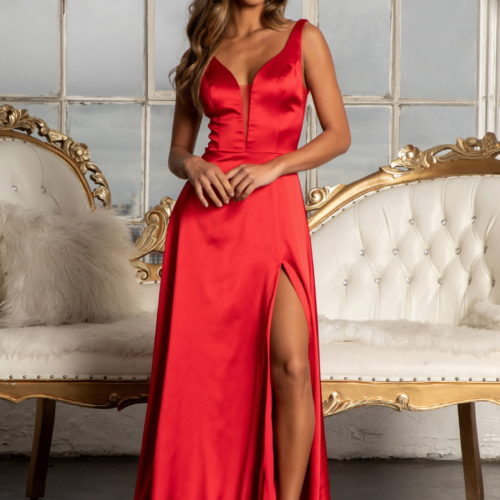 woman in red high slit gown