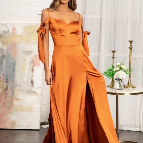 woman in sienna high slit gown