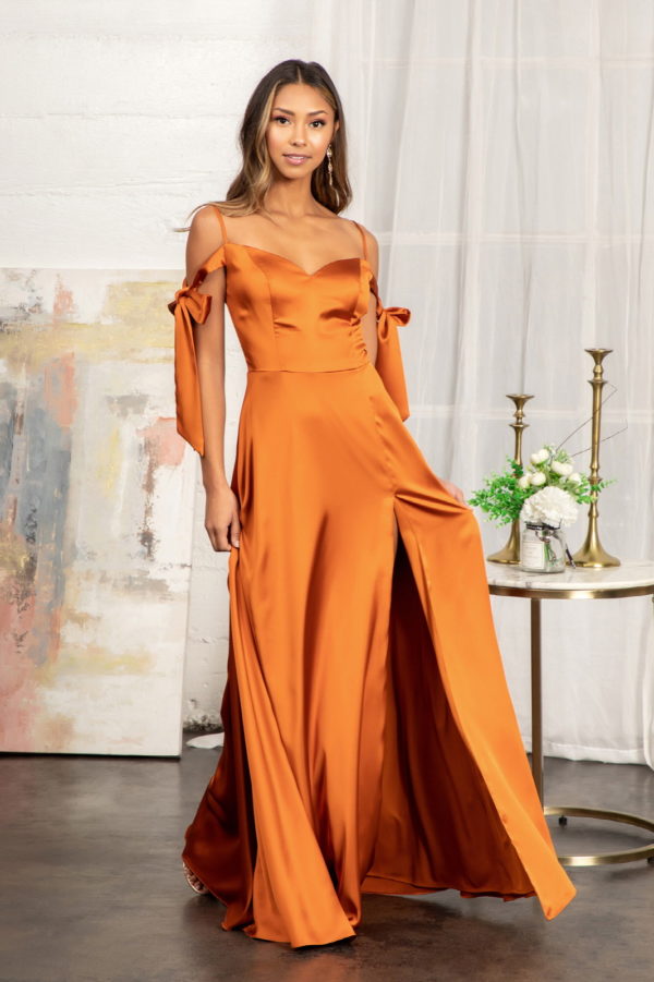 woman in sienna high slit gown