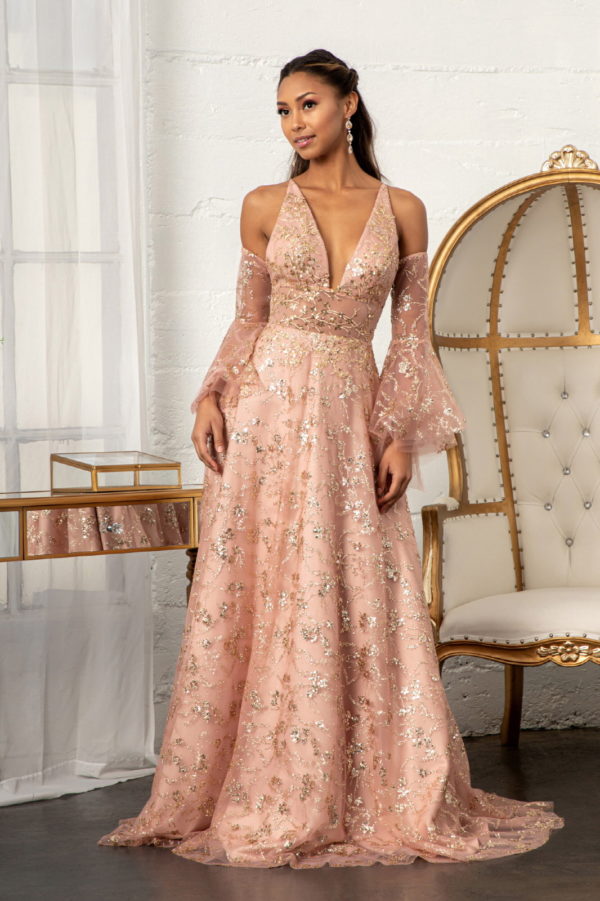 woman in rose gold gown with detachable sleeves