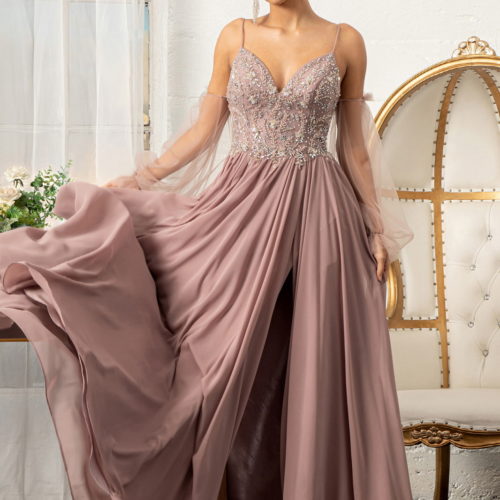 woman in mauve gown with detachable sleeves