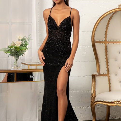 woman in black high slit gown