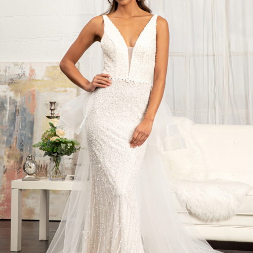 Ivory beads, jewel and sequins decorated mesh wedding gown