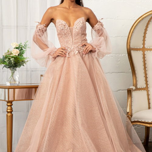 woman in rose gold ballgown
