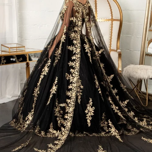gl3016-black-3-floor-length-quinceanera-lace-tulle-beads-embroidery-jewel-glitter-open-zipper-corset-strapless-sweetheart-ball-gown-cape