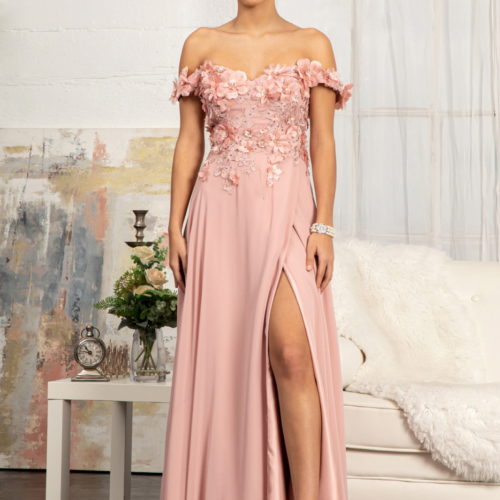 woman in off shoulder dusty rose gown