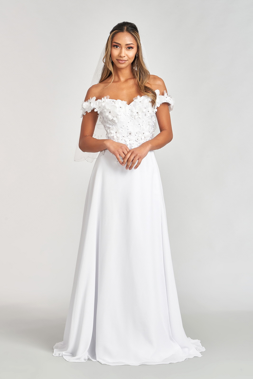 white off shoulder flower applique chiffon long dress