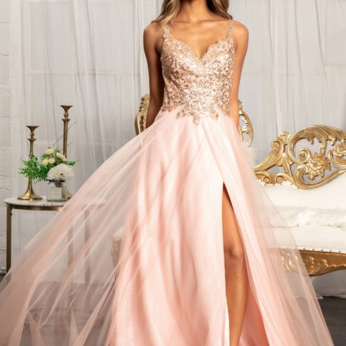 woman in rose gold high slit gown