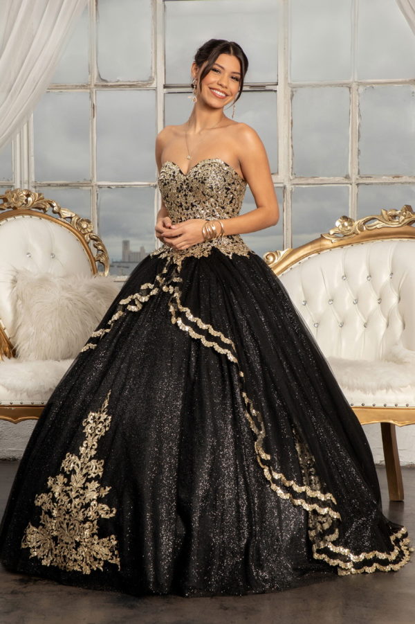 Black sequin decorated strapless swethearted quinceanera dress