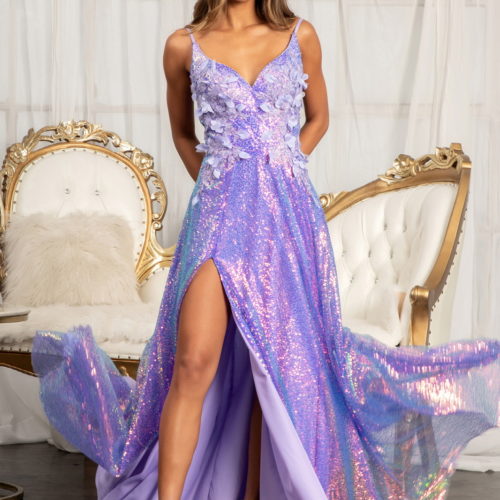 woman in lilac high slit gown