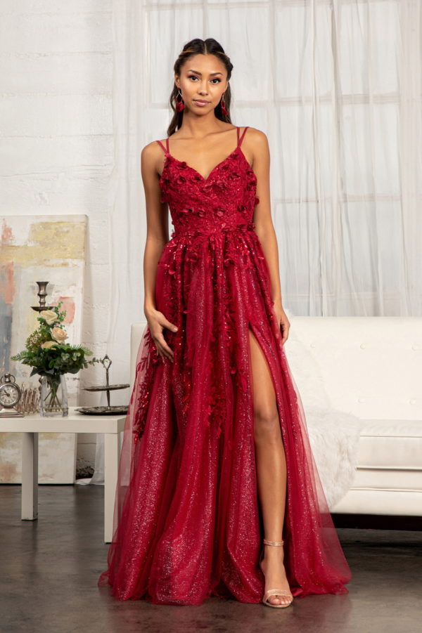 Burgundy glitter netting applique sequin embroidered cut out back spaguetti straps with slit long lace and mesh dress