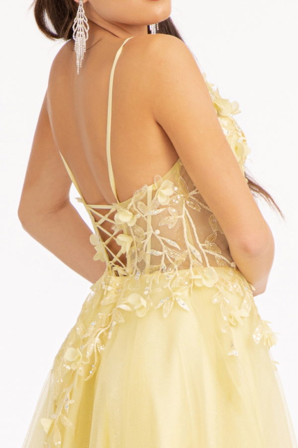Black Applique Organza Spaghetti Strap Open Back Prom Dresses