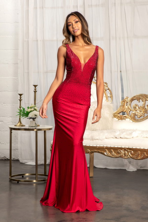 woman in red v-neck gown