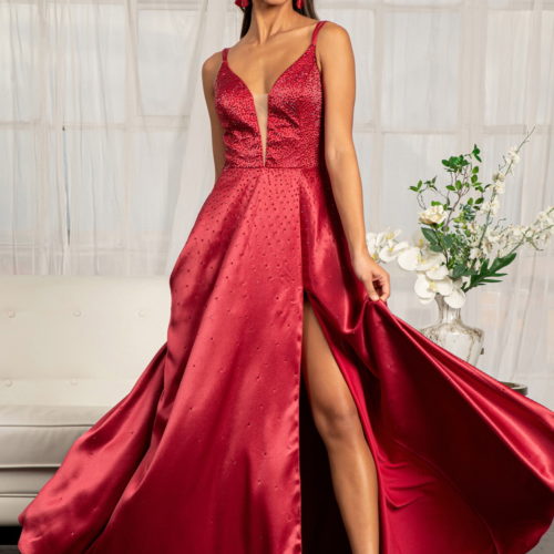 woman in red v-neck gown