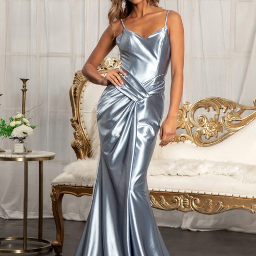 woman in smoky blue satin gown