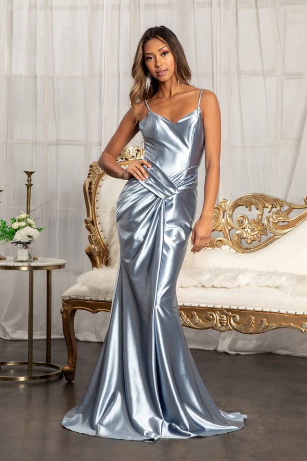 woman in smoky blue satin gown