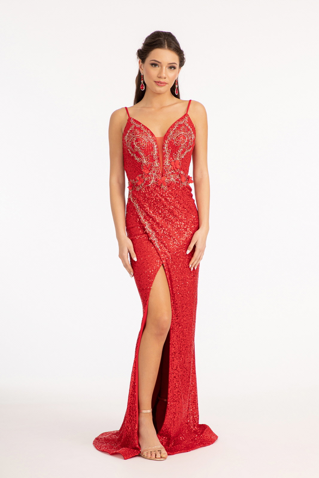 Avianna Red Mermaid V Neck Backless Sequined Lace Prom Dress with Slit