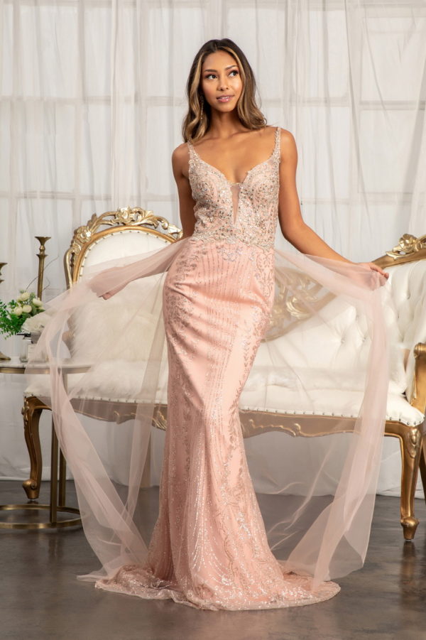 woman in rose gold gown with train