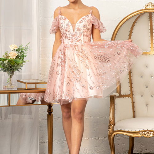 Rose gold applique, glitter, sequin decorated sweetheart cocktail dress