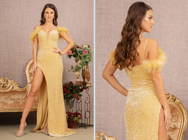 Sequin Cut-away Shoulder Velvet Mermaid Dress w/ Wide Side Slit