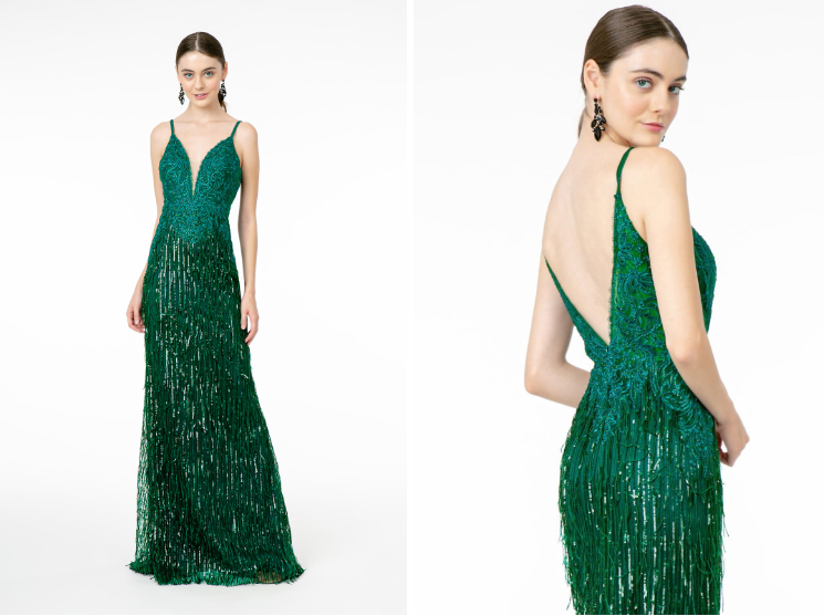 Illusion V-Neck Embroidered Top and Sequin Skirt Mermaid Dress