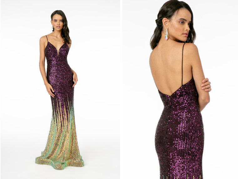 Illusion V-Neck Full Sequin Spaghetti Strap Long Dress