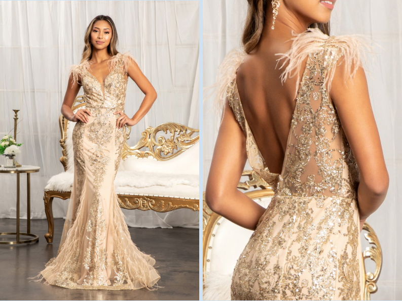 Feather Embellished Sleeveless Glitter Mesh Prom Dress w/ Sheer Back