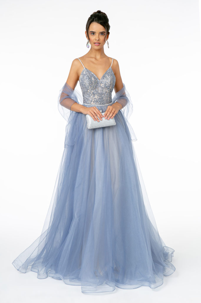 blue glitter mesh prom dress