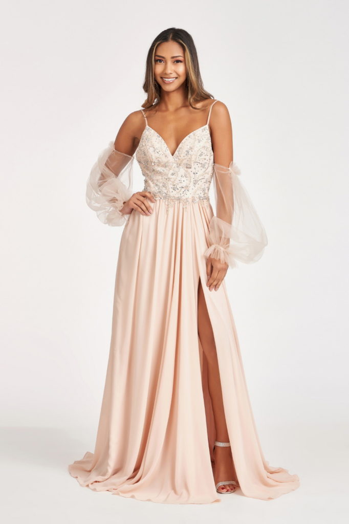 champagne beaded prom gown