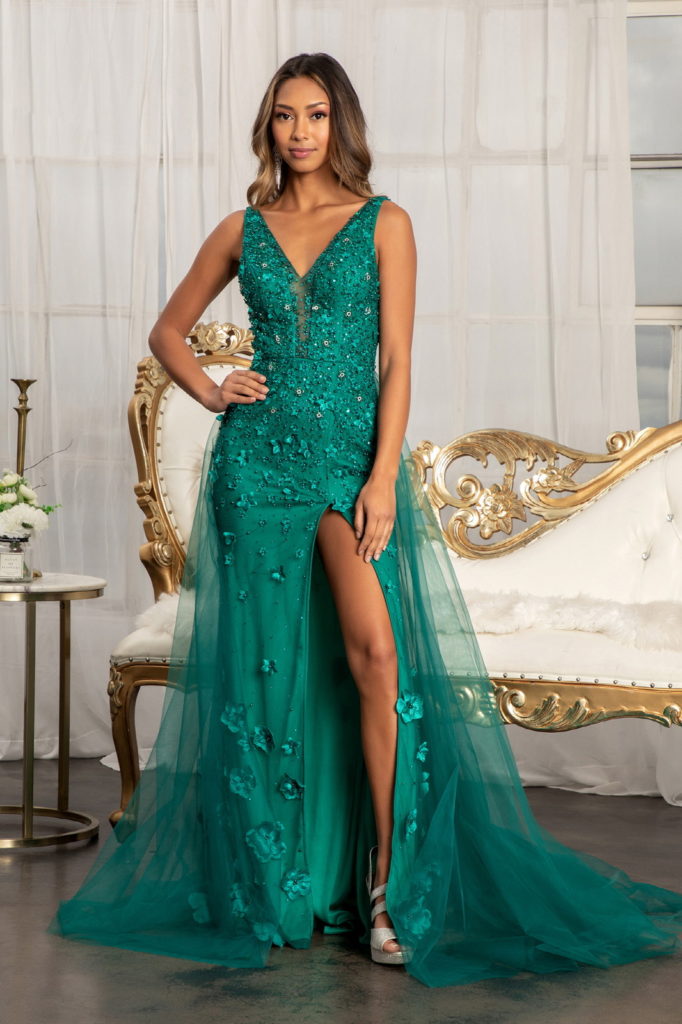 emerald green mesh prom gown