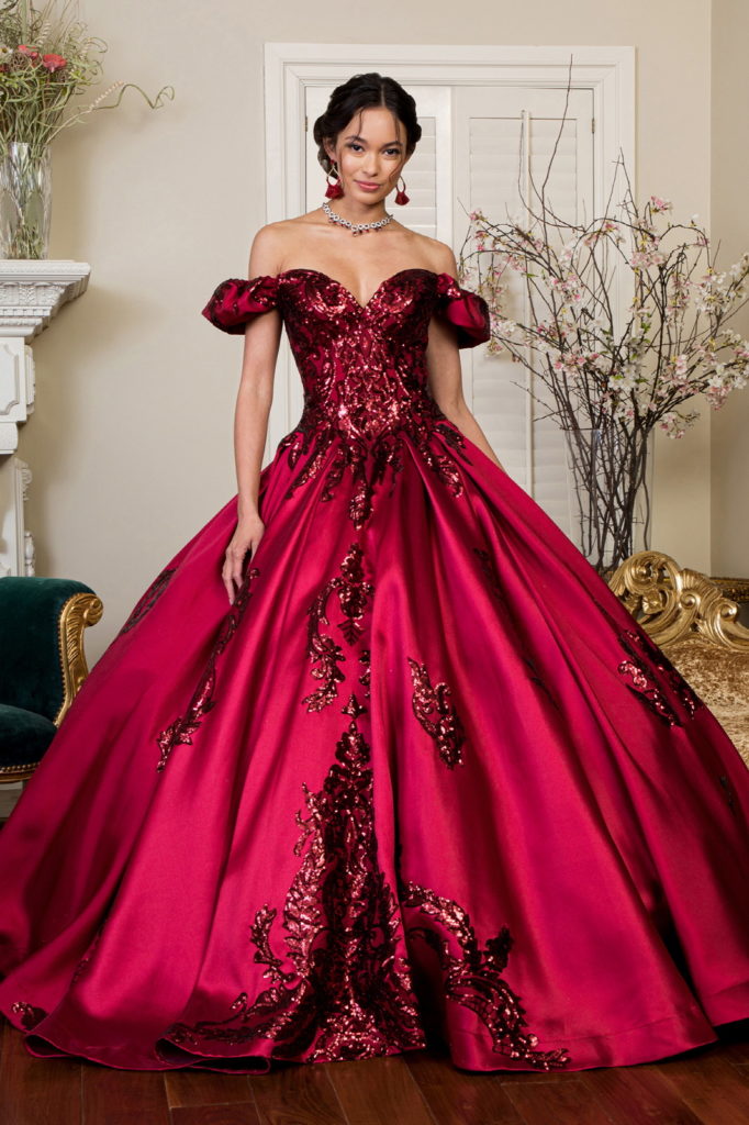 burgundy satin ball gown