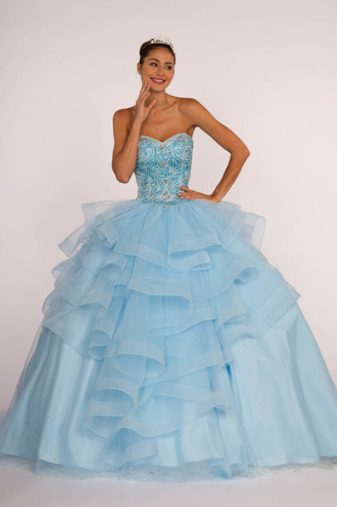 sky blue tulle quinceanera gown