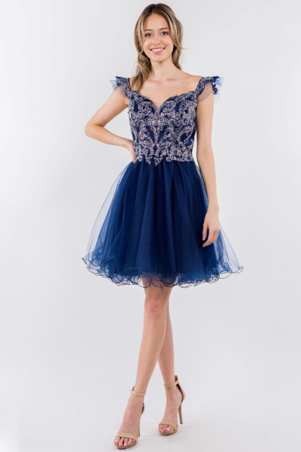 navy embroidered prom dress