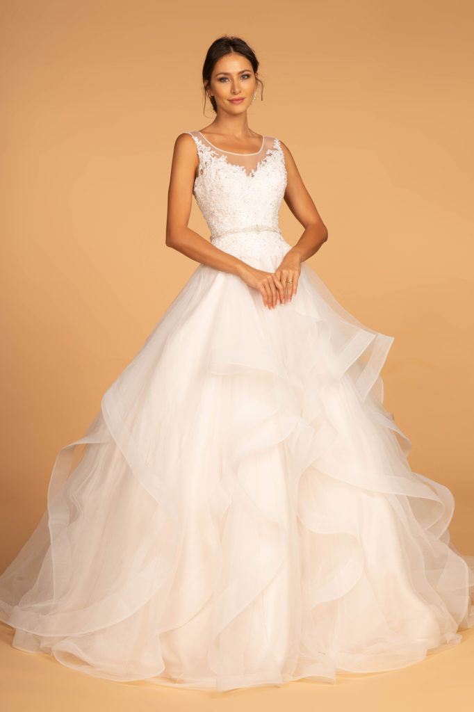 ivory floor length tulle wedding gown