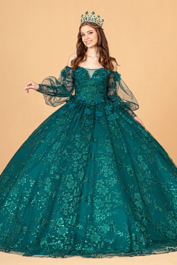 green lacey sleeve ball gown