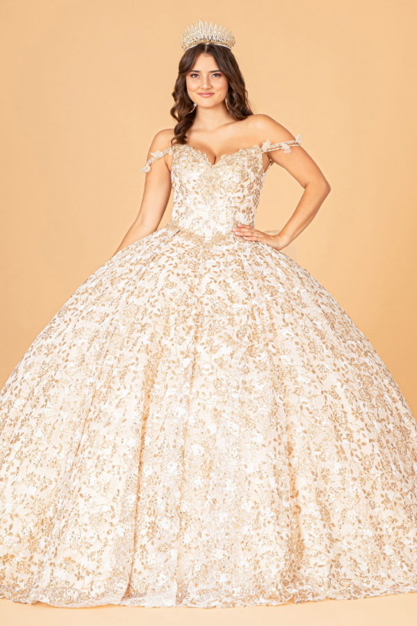 lady in champagne quinceanera gown