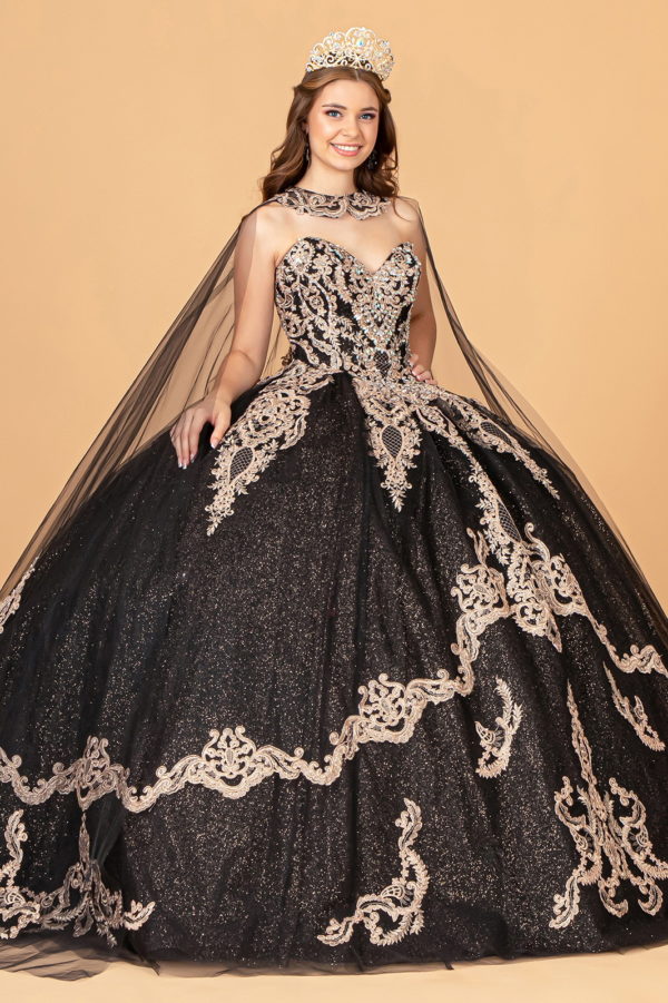 black ball gown with crown