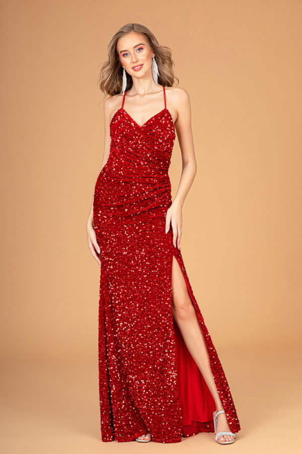 lady in glittery red gown