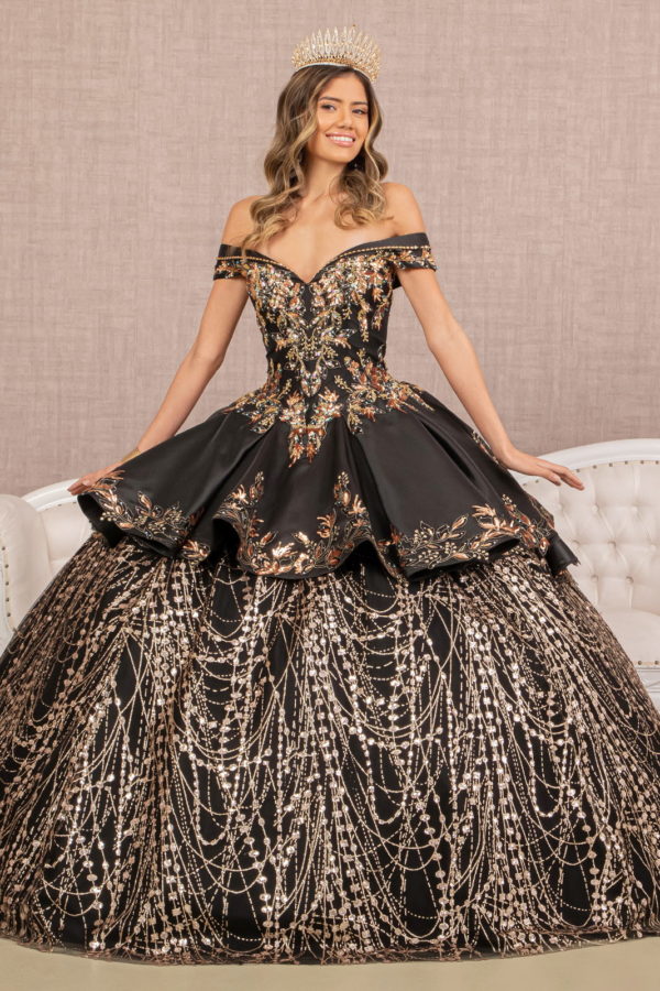 lady in black gold sequin vneck quinceanera ball gown