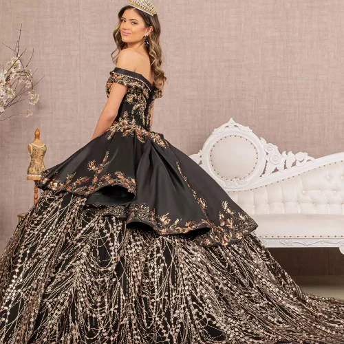 gl3098-black-gold-2-floor-length-quinceanera-mesh-satin-beads-jewel-glitter-corset-covered-cut-away-shoulder-v-neck-ball-gown-two-piece