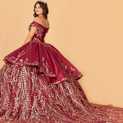 gl3098-burgundy-gold-2-floor-length-quinceanera-mesh-satin-beads-jewel-glitter-corset-covered-cut-away-shoulder-v-neck-ball-gown-two-piece